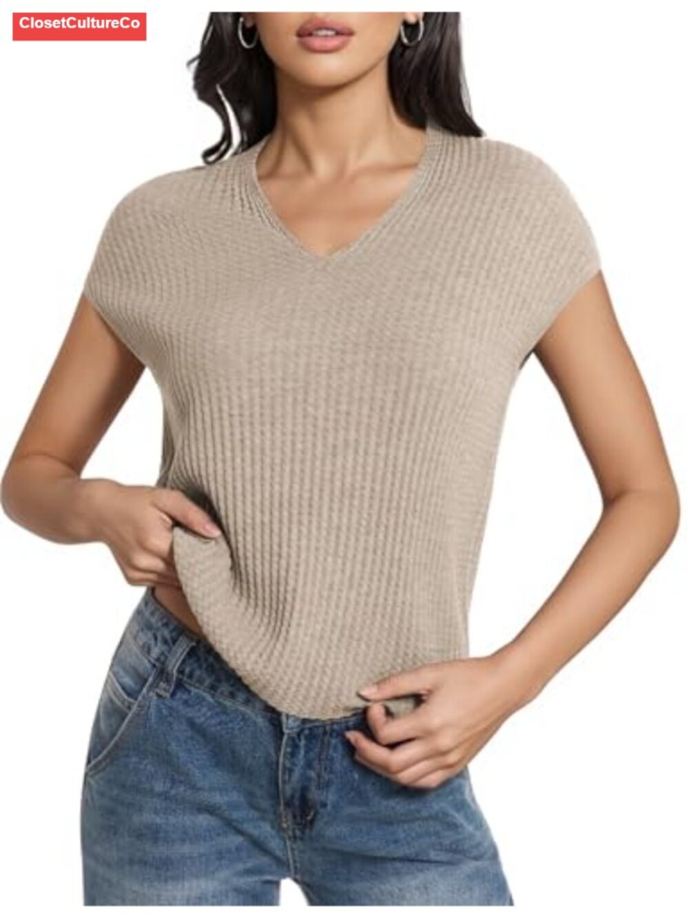 Women's Short Sleeve Sweater V-Neck Cap Sleeve Lightweight Knit Pullover for